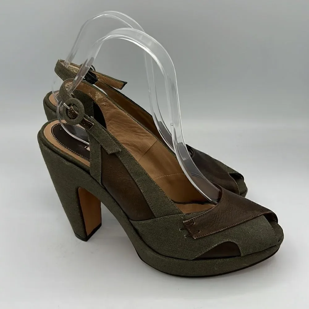 Marni Green Canvas & Brown Leather Peep Toe Slingback Platform Heels EU 40 US 10